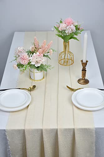 Joanlody Beige Cheesecloth Table Runner 25x120 Inches Handmade Cotton Cloth Tablecloth with Fringe 10Ft Rustic Gauze Table Runner for Wedding Party Bridal Shower Decor