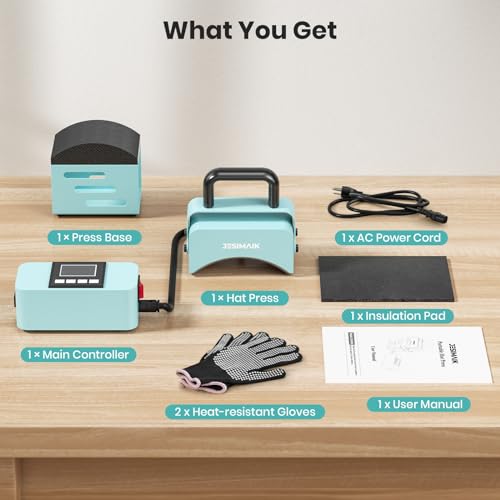 JESIMAIK Hat Press, Heat Press Machine for Caps & Patches, Heat Resistant Glove&Pad Included, Metal Body, Curved Heating Plate, No Crease, Temperature&Timer Control, Mini Easy Hat Press - Lake Blue