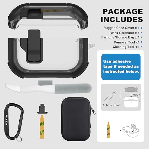 Maxjoy for AirPods Pro 2nd Generation Case with Cleaner Kit, AirPods Pro 2/Pro Protective Case Pro2 Automatic Lock Cover Compatible with Apple Airpods Pro 2 2023 USB-C/2022/Pro 2019, Transparent Black