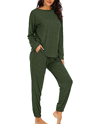 Cysincos Womens Sweatsuits 2 Piece Outfit Sweatpants Loungewear Jogger Pajama Set Long Sleeve Pullover Drawstring Pants Dark Green M