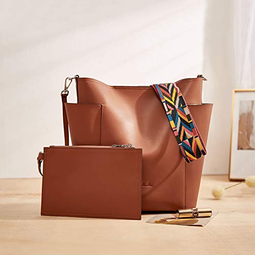 BOSTANTEN Genuine Leather Bucket Handbag Designer Hobo Shoulder Bags Tote Purses and Handbags Set with Clutch Purse Brown
