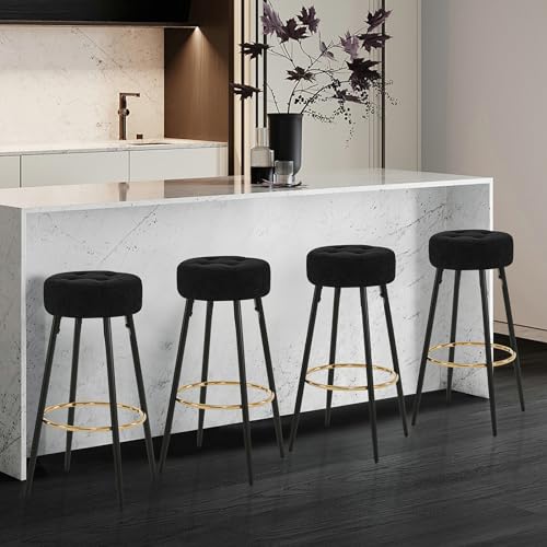 Furnimart 30 inches Modern Round Bar Stools Set of 2, Upholstered Dining Chair Stool with Gold Footrest for Kitchen Island Coffee Pub Shop Bar Height (Velvet-Black)