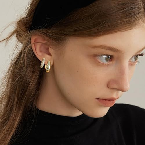 Gold Hoop Earrings Set for Women, Small Cubic Zirconia Gold Earrings Sets for Multiple Piercing, Hypoallergenic Chunky Gold Earrings for Women Jewelry