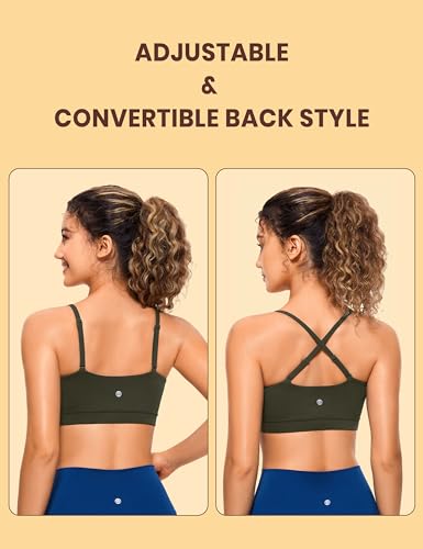 CRZ YOGA Butterluxe Womens Adjustable Spaghetti Thin Strap Sports Bra - Padded Wireless Square Neck Workout Yoga Bra Olive Green Small