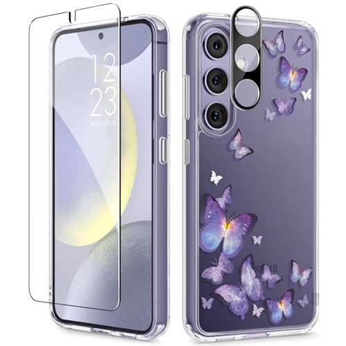 GVIEWIN for Samsung Galaxy S24 Plus Case with Screen Protector+Camera Lens Protector, Clear Stylish Floral Pattern Slim Protective S24+ Plus Cover for Women 6.7" (Twinkle Clear)