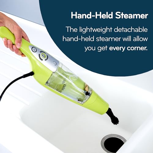 H2O HD Dual Buff Steam Mop, 8 in 1 Handheld Steam Cleaner For Kitchen Tile Floors, Hardwood Floors, Grout Cleaner, Upholstery Cleaner and Carpets, 2 washable scrub pads, 8 cleaning accessories
