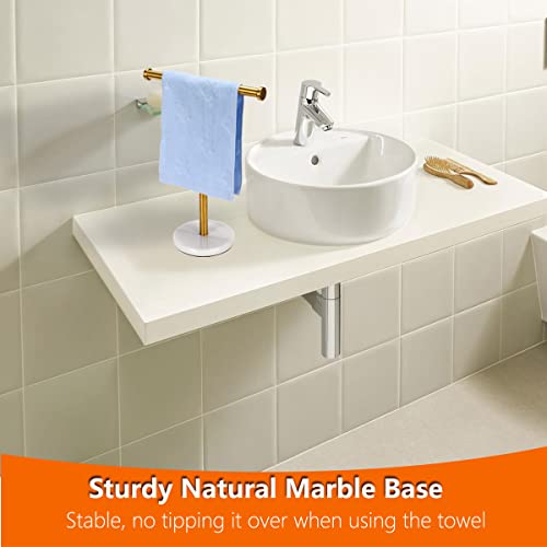 Kalitro Towel Rack with Natural Marble Base T-Shape Hand Towel Holder Stand SUS304 Stainless Steel for Bathroom Vanity Countertop Brushed Nickel Finish (Gold)