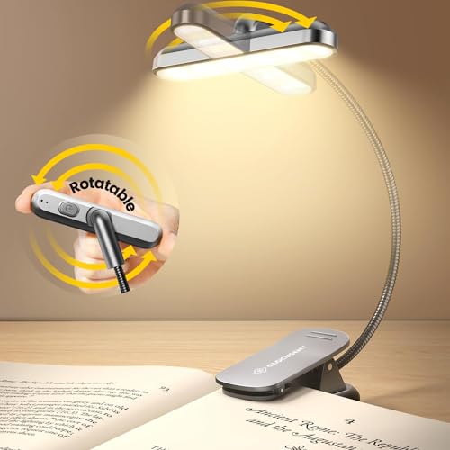 Glocusent Rotatable Book Light for Reading in Bed, 22LEDs Dual-Row Design with Timer, Stepless Dimming & Color Adjustment, 1000mAh Rechargeable Reading Light for up to 100hrs, Gray