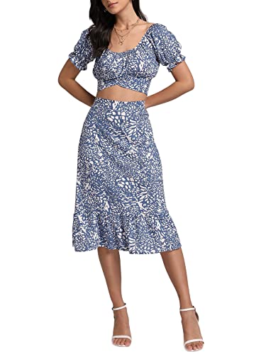 LYANER Women's 2 Piece Outfits Floral Self Tie Knot Crop Tops and Midi Skirt Set Solid Navy Large