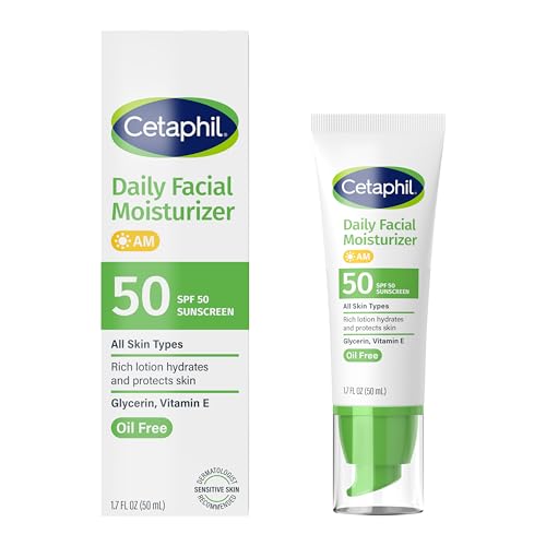 Cetaphil Daily Facial Moisturizer SPF 50, 1.7 Fl Oz (Pack of 2), Gentle Facial Moisturizer For Dry to Normal Skin Types, No Added Fragrance, Dermatologist Recommended (Packaging May Vary)