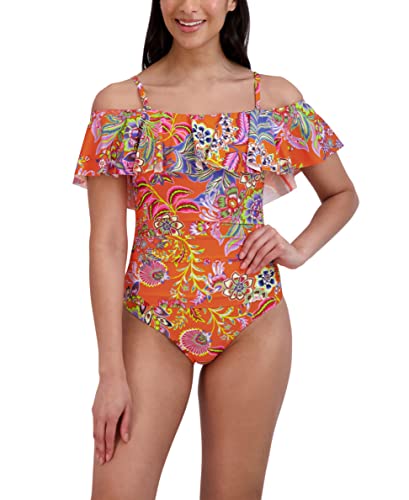 BCBGMAXAZRIA Women's Standard One Piece Swimsuit Off The Shoulder Tummy Control Quick Dry Bathing Suit, Dream Orange