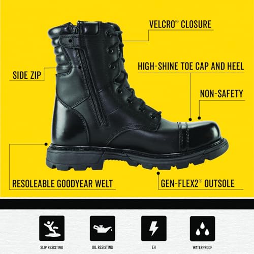 Thorogood GEN-Flex2 8” Side-Zip Black Tactical Boots for Men and Women - High-Shine Leather Heel & Toe with Goodyear Storm Welt and Slip-Resistant Outsole - 8.5 D(M) US