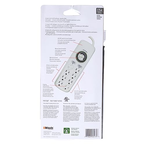 Woods 22575WD Indoor 8-Outlet Power Strip with Built-In Mechanical Timer; 8 Grounded Outlets