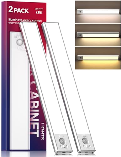 Under Cabinet Lighting, 2 Pack 8 Inch 62 LED 3 Color Temperatures Motion Sensor Light indoor, USB Rechargeable Under Cabinet Lights, Stick-On Magnetic Closet Lights, Led Lights for Room, Stair