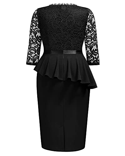 Miusol Women's Plus Size Lace Keyhole Neckline Peplum Bodycon Vintage Cocktail Party Dress A-Black