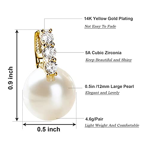 Pearl Earrings for Women 14K Gold Plated Hypoallergenic Pearl Earrings 5A Cubic Zirconia Dangle Earrings Elegant Jewelry (5-Gold)