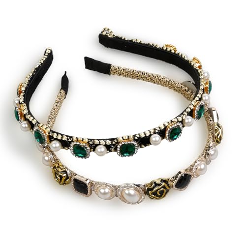 Huachi Rhinestone Baroque Crystal Pearl Wide Headband for Women - Elastic Glitter Green Jeweled Bridal Luxury Hairband