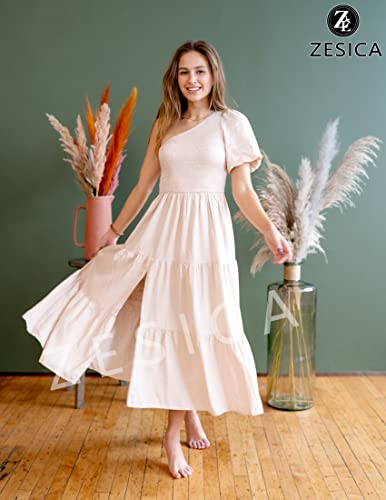 ZESICA Women's 2024 Boho Summer One Shoulder Short Sleeve Smocked Side Split Ruffle Swing Midi Dress White
