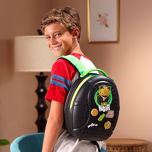 Miraculous Ladybug - Pop n' Swop Cat Noir Black Backpack with Green Handle, 6 Clip-on Badges and Zipper, Lightweight Durable Waterproof Bag with Adjustable Straps (Wyncor)