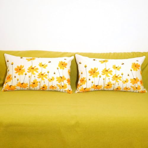 HOMFREEST Spring Summer Pillow Covers 12x20 Set of 2 Farmhouse Daisy Floral Bee Decorations Yellow Patio Outdoor Cushion Case for Sofa Couch Home Decor