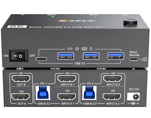 8K HDMI KVM Switch 2 Monitors 2 Computers 8K@60Hz 4K@144Hz, Camgeet Dual Monitor KVM Switch with 4 USB 3.0 Hub for Keyboard Mouse Printer,Wired Remote,12V Power Adapter and USB Cables Included