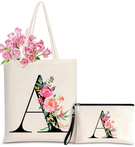 Initial Canvas Tote Bag for Women, Personalized Monogrammed Tote Bags with Makeup Gift Bag for Wedding Bridesmaids Birthday