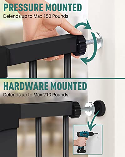 Newnice 26.7-29.5'' Narrow Baby Gate with Cat Door, Auto Close & Easy Walk Thru Dog Pet Gates for Stairs, Doorway, House, Pressure Mounted Safety Child Gate Includes 4 Wall Cups, NO Extensions, Black