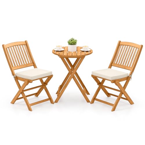 Tangkula 3 Pieces Acacia Wood Patio Folding Bistro Set, Outdoor Table and Chairs Set with Soft Cushions, Patio Furniture Set for Porch, Balcony, Garden, Deck and Backyard