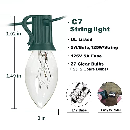 CHYSUPER C7 Christmas Lights, 25Ft C7 Clear Christmas String Lights, Halloween Lights with 27 Incandescent Bulbs for Indoor Outdoor Xmas Tree, Patio Garden Holiday Party Season Decor, Green Wire