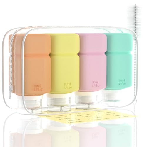 Travel Bottles for Toiletries, TSA Approved Travel Size Containers for Shampoo Conditioner Lotion Body Wash, BPA Free Travel Toiletry Bottles with Clear Toiletry Bag, Cleaning Brush Label (4 Pack)