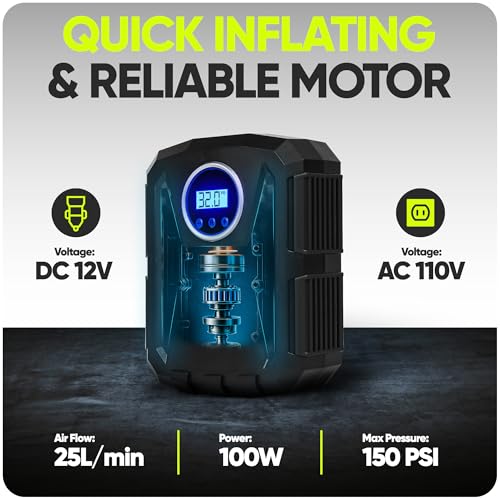 FORTEM Tire Inflator 150 PSI, Bike Pump, 110V AC 12V DC Air Pump for Car Tires, Digital Tire Pressure Gauge w/Auto Pump/Shut Off, Carrying Case (Black)