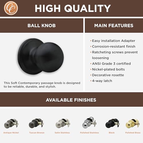 Copper Creek BK2030BC-6 Ball Door Knob, Privacy Function, 6 Pack, Black