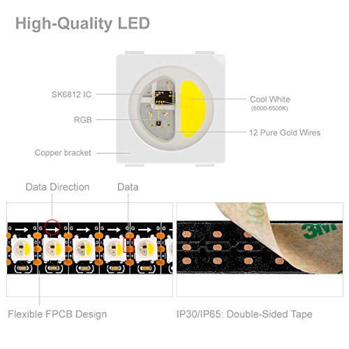 BTF-LIGHTING RGBW RGB+Cool White SK6812 (Similar WS2812B) 4 Colors in 1 LED Strip Individually Addressable 3.3ft 1m 144LED Light Flexible Dream Color IP30 DC5V Black PCB (No Adapter or Controller)