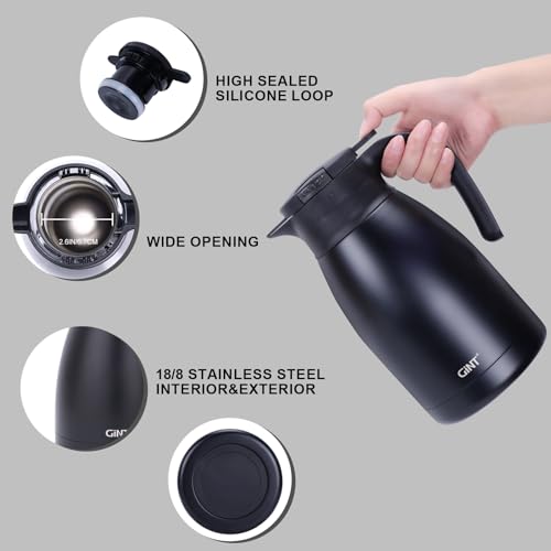 GiNT 1L / 34Oz Thermal Coffee Carafe, Insulated Stainless Steel Coffee Carafes for Keeping Hot/Double Walled Vacuum Thermal Carafe (Black)
