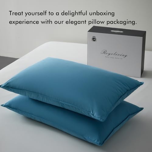 Royoliving Premium Feather Down Bed Pillows for Sleeping Queen Size - 100% Cotton Fabric, Medium Firm, Soft Support Surround (Grey, 30"×20")