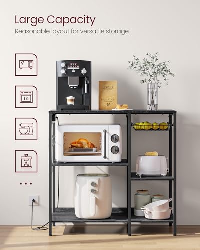 VASAGLE Baker's Rack, Coffee Bar Stand with Charging Station, Storage Shelves, Pull-Out Wire Basket, Table for Microwave, Kitchen, Charcoal Gray UKKS036B22, 15.7 x 35.4 x 35.6 Inches