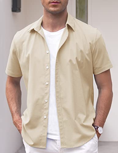 COOFANDY Men's Hawaiian Linen Casual Striped Short Sleeve Shirts Button Down Summer Beach Tropical Shirt Untucked Button Up Shirts