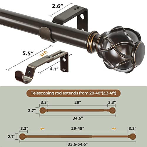KAMANINA Single Curtain Rod 32 to 58 Inch(2.6-4.8Ft), 7/8 Inch Antique Bronze Adjustable Drapery Rod for Windows, Decorative Netted Texture End