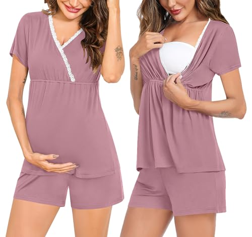SWOMOG Womens Maternity Nursing Pajamas Set 2PCS Pregnancy Pjs Labor and Delivery Breastfeeding Pajamas After Birth Nursing Pjs Postpartum Lace Sleepwear Short Sleeve Tops & Shorts Black