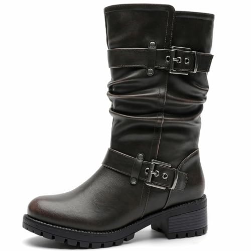 GLOBALWIN Women's Mid Calf Dress Boots Biker Motorcycle Riding Boots Women For Women Black Size 11M