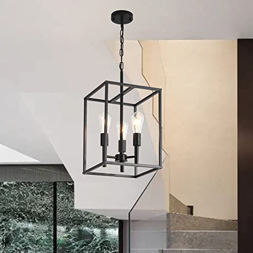 XILICON Black Classic Foyer Chandelier 3 Light Farmhouse Pendant Lighting Chandelier Light Fixtures Ceiling Hanging with Square Cage Shades Fixtures for Kitchen Dining Room Entryway