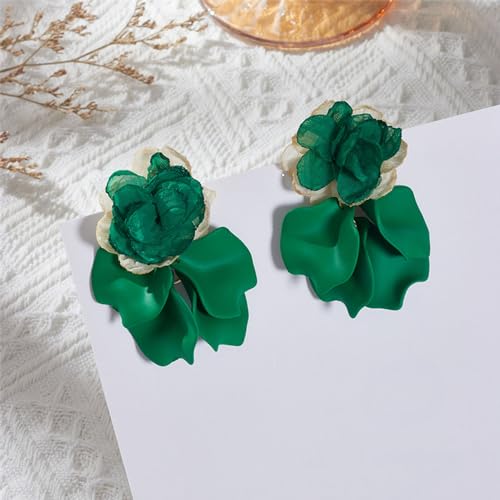 GUOXIAOMEI Chiffon Acrylic Rose Petal Earrings Dangle Exaggerated Flower Earrings Drop Statement Floral Tassel Light Weight Earrings Valentine's Day Gift (Green)