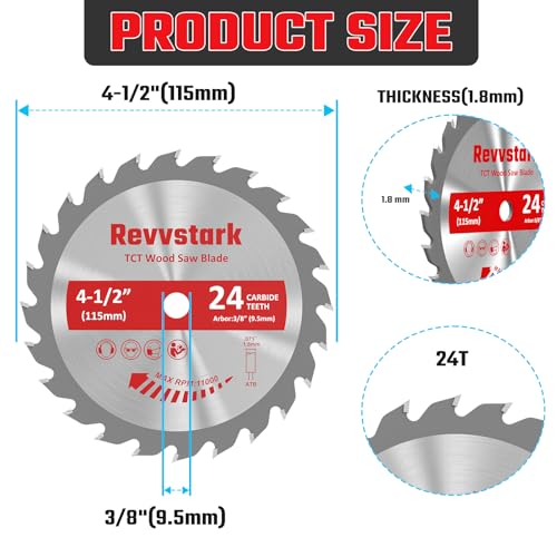 4 Pack 4 1/2 Circular Saw Blade 24T Carbide Tipped Teeth, Compact TCT Saw Blades for Cutting Various Wood, Plastic and Composite Materials, 3/8" Arbor, Fit Dewalt Craftsman Ryobi Milwaukee