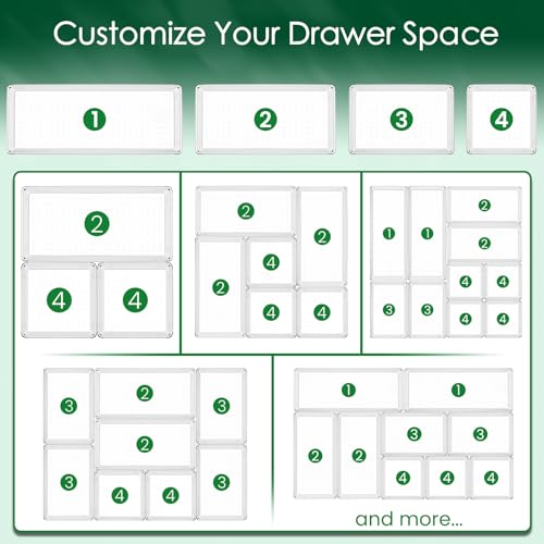 Criusia Drawer Organizer Set, Acrylic Non Slip Non Cracking Kitchen Drawer Storage Tray Large Size Divider, Multifunctional Storage for Cosmetics, Bathroom, Tools, Kitchen and Office (8 PACK)