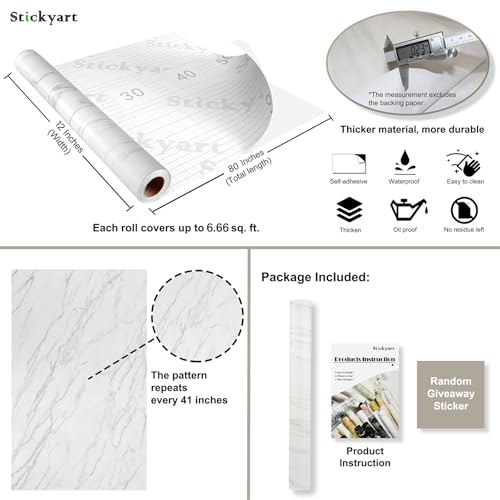 Stickyart White Marble Contact Paper for Cabinets and Drawers Peel and Stick Marble Wallpaper for Countertops Removable Self Adhesive Marble Wall Paper Cabinet Wallpaper for Kitchen Bathroom 12"x80"