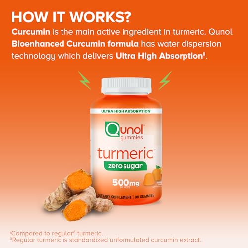 Qunol Zero Sugar Turmeric Gummies, Gummy with 500mg Turmeric Curcumin, Joint Support Supplement, Ultra High Absorption Tumeric Curcumin, Vegetarian, Gluten Free, 90 Count