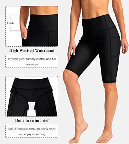 SANTINY Women's High Waisted Swim Shorts with Pockets UPF50+ Long Board Swimming Shorts for Women with Liner (Purple_M)