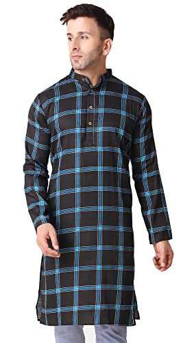 SKAVIJ Mens Cotton Full Sleeve Straight Checked Tunic Kurta (Blue, Mudium)