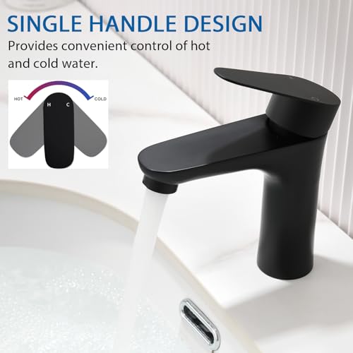 Black Bathroom Faucet,Single Handle Bathroom Sink Faucet, Commercial Bathroom Faucets,1 Hole Deck Mount RV Mixer Tap Lavatory Vanity Sink Faucet with Supply Lines KMBF008B