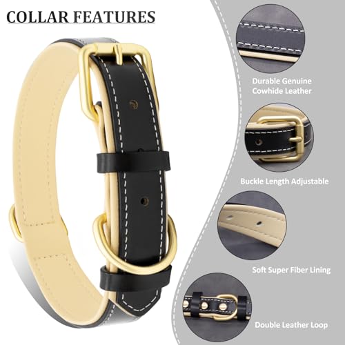HSIGIO Leather Dog Collar for Small Medium and Large Dogs, Soft Padded Dog Leather Collar with Gold Buckle, Adjustable Genuine Leather Collars for Small Dogs(Black, S)